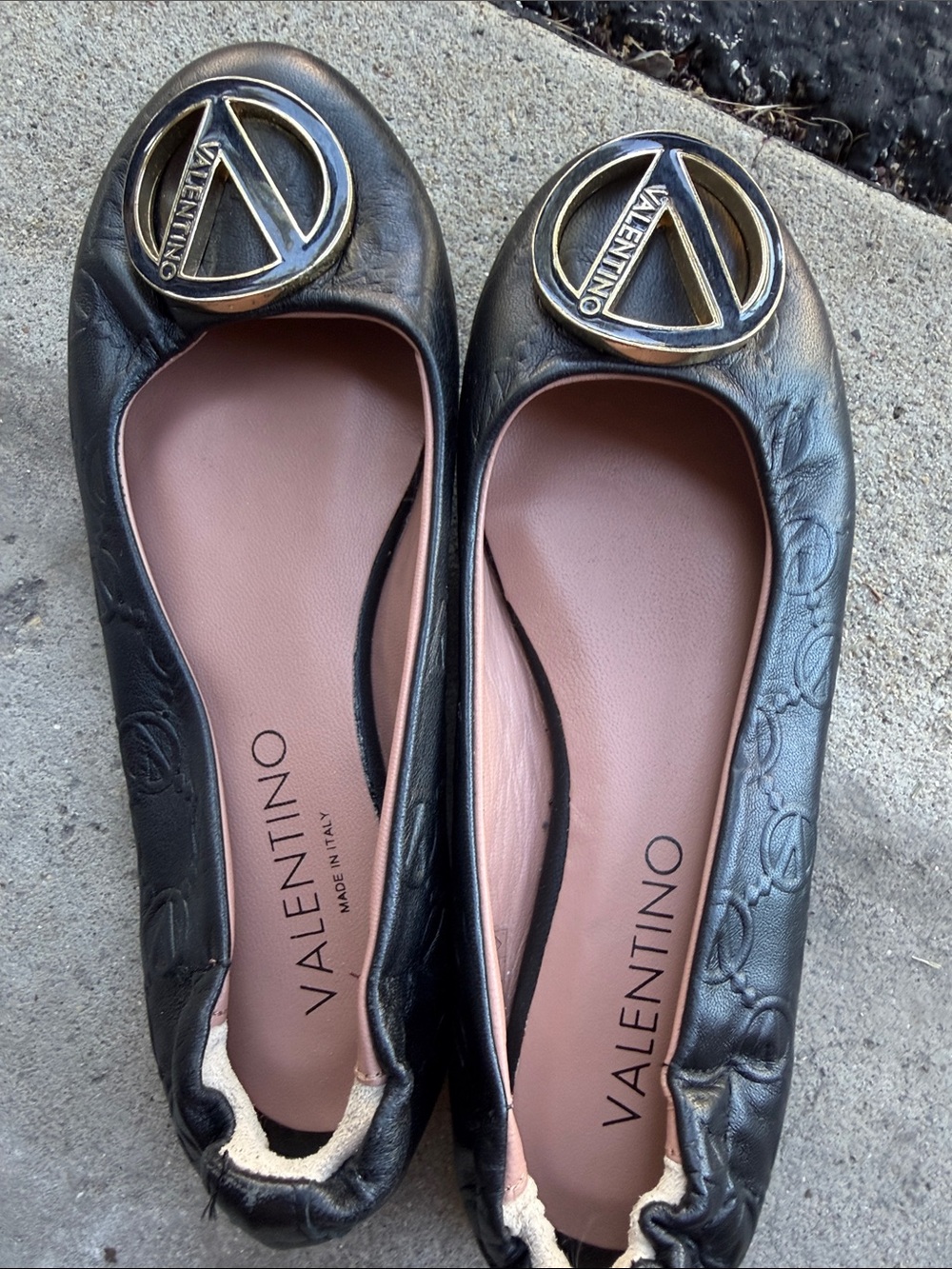 Valentino Black Logo Ballet Flats with Gold Medallion